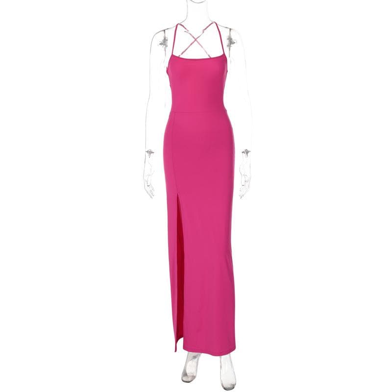 Glamorous Fuchsia Criss-Cross Back High Slit Maxi Dress - Holiday Party & Event Gown