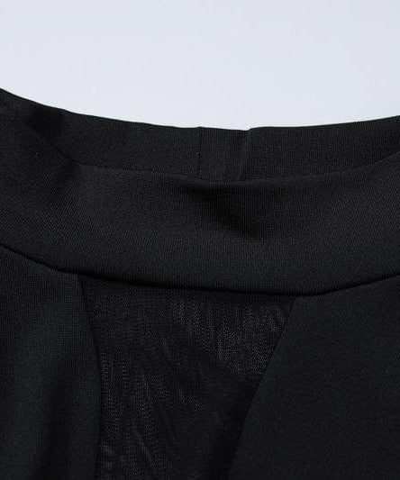 Sleek Black Mesh Panel Mock Neck Bodysuit - Edgy Long Sleeve Top for Fall & Halloween