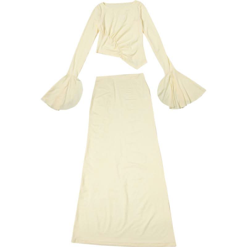 Chic Ivory Ruched Maxi Dress with Flared Bell Sleeves - Your Fall & Holiday Event Essential