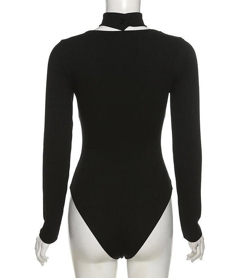 Midnight Ribbed & Mesh Bodysuit | High-Neck Choker Corset Top for Edgy Fall Nights