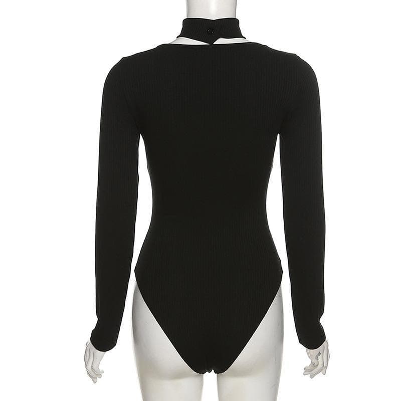 Midnight Ribbed & Mesh Bodysuit | High-Neck Choker Corset Top for Edgy Fall Nights