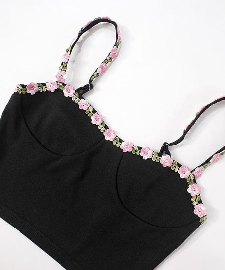 Chic Black Floral Embroidered Cami Crop Top - Romantic Fall Style for Women