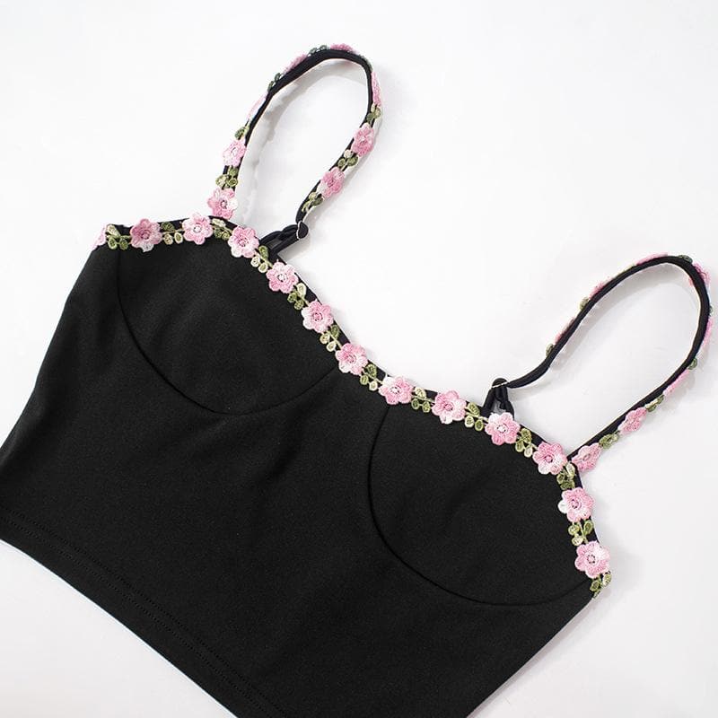Chic Black Floral Embroidered Cami Crop Top - Romantic Fall Style for Women