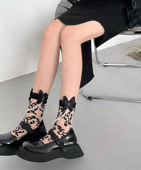 Enchanted Eve Sheer Floral Socks with Pearl Bow - Elevate Your Fall & Halloween Style