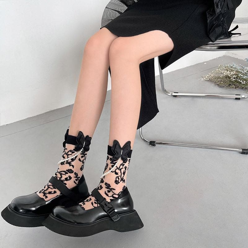 Enchanted Eve Sheer Floral Socks with Pearl Bow - Elevate Your Fall & Halloween Style