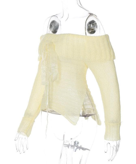 Chic Fall Off-Shoulder Ribbed Knit Top with Sheer Bow | Cozy Autumn Style for Women