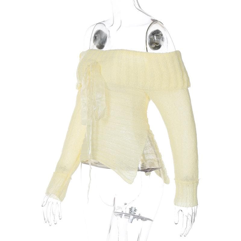 Chic Fall Off-Shoulder Ribbed Knit Top with Sheer Bow | Cozy Autumn Style for Women