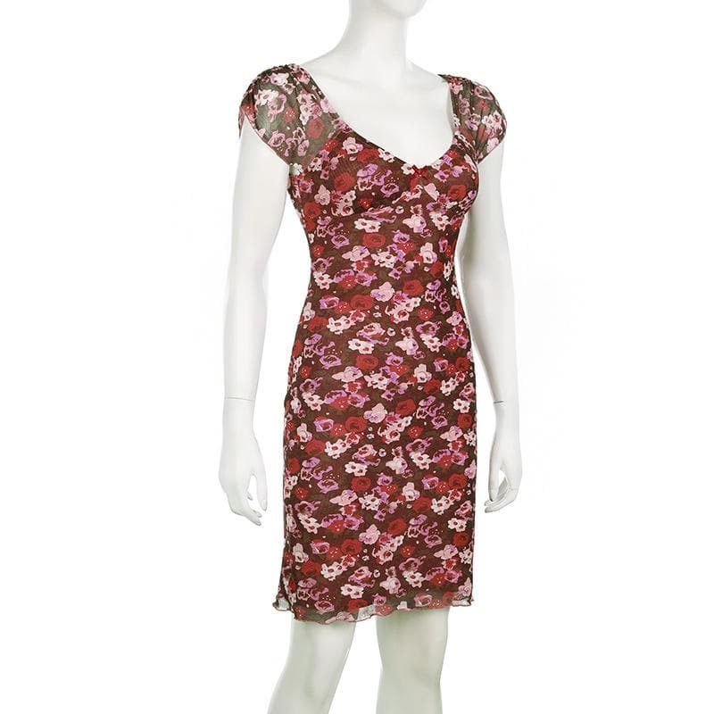 Flirty Fall Floral Mesh Mini Dress - Y2K Sweetheart Cap Sleeve Bodycon