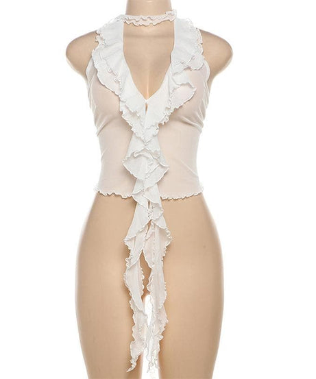 Y2K Inspired Sheer Ruffle Halter Crop Top - Flirty V-Neck Mesh Top for Fall Nights & Vacations