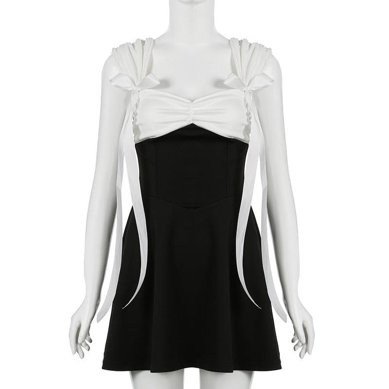 Sweetheart Bow-Tie Ruched Mini Dress - Chic Black & White Fall Flirt