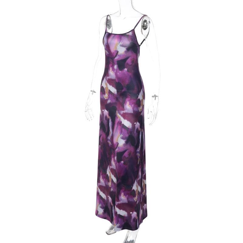 Elegant Amethyst Watercolor Maxi Dress - Square Neck Backless Slip for Fall/Holiday Season