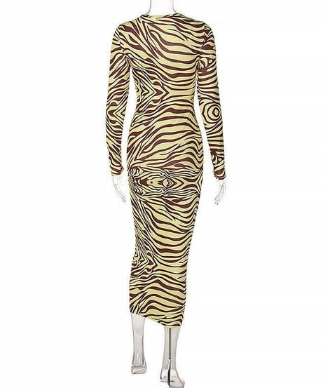 Daring Fall Zebra Print Lace-Up Bodycon Midi Dress - Long Sleeve Statement Style