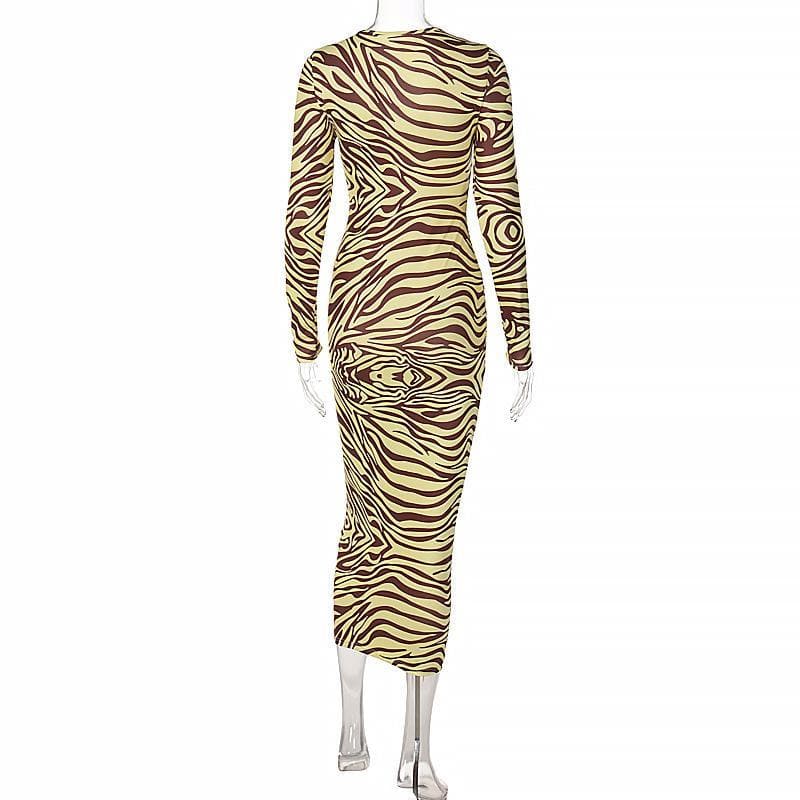 Daring Fall Zebra Print Lace-Up Bodycon Midi Dress - Long Sleeve Statement Style