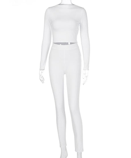 Cozy Chic White Long Sleeve Crop Top & High-Waisted Leggings Set - Your Fall/Winter Go-To!
