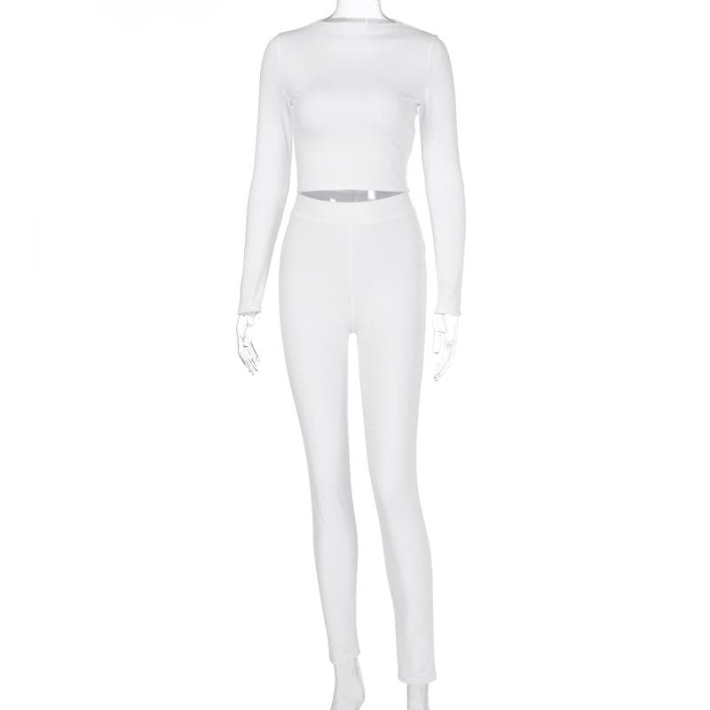 Cozy Chic White Long Sleeve Crop Top & High-Waisted Leggings Set - Your Fall/Winter Go-To!