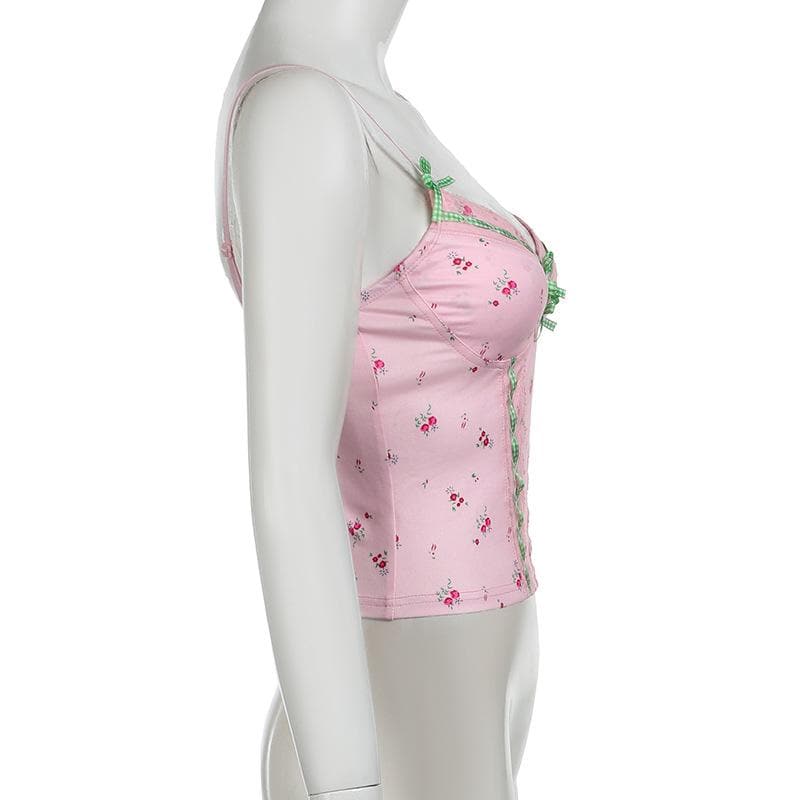 Sweetheart Pink Floral Cami Top with Gingham & Lace | Cozy Autumn Layering & Cottagecore Charm