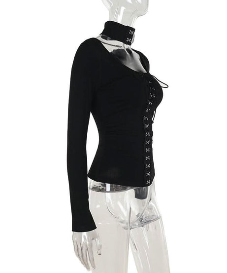 Sultry Black Lace-Up Corset Long Sleeve Top with Choker - Fall & Winter Edgy Chic
