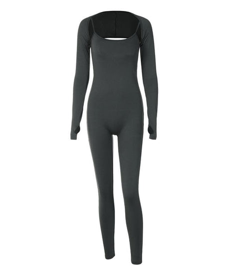 Effortless Fall Cami Shrug Jumpsuit with Thumbholes - Sleek Bodycon One-Piece