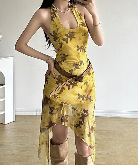 Whimsical Butterfly Halter Midi Dress | Boho Fairycore Asymmetrical Ruffle for Fall Getaways