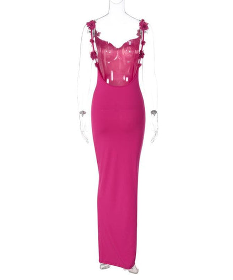 Elegant Magenta Backless Maxi Dress with Delicate Floral Applique Straps - Fall & Holiday Ready