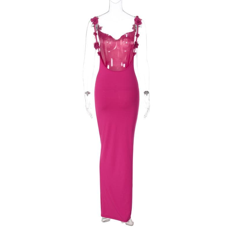 Elegant Magenta Backless Maxi Dress with Delicate Floral Applique Straps - Fall & Holiday Ready