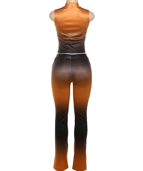 Fall Ombre Chic: Sleeveless Mock Neck Crop Top & Flared Pant Set