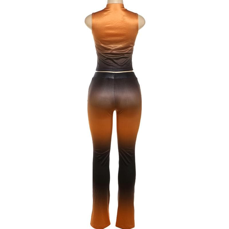 Fall Ombre Chic: Sleeveless Mock Neck Crop Top & Flared Pant Set