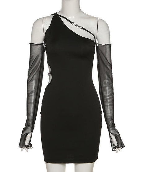Chain Detail One-Shoulder Bodycon Mini Dress with Sheer Mesh Sleeves – Your Fall & Holiday Party Statement