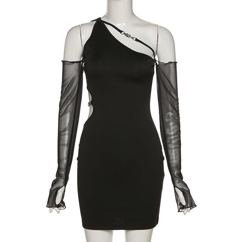 Chain Detail One-Shoulder Bodycon Mini Dress with Sheer Mesh Sleeves – Your Fall & Holiday Party Statement