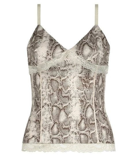 Effortless Chic: Snake Print V-Neck Lace Trim Cami Top - Fall Style Essential