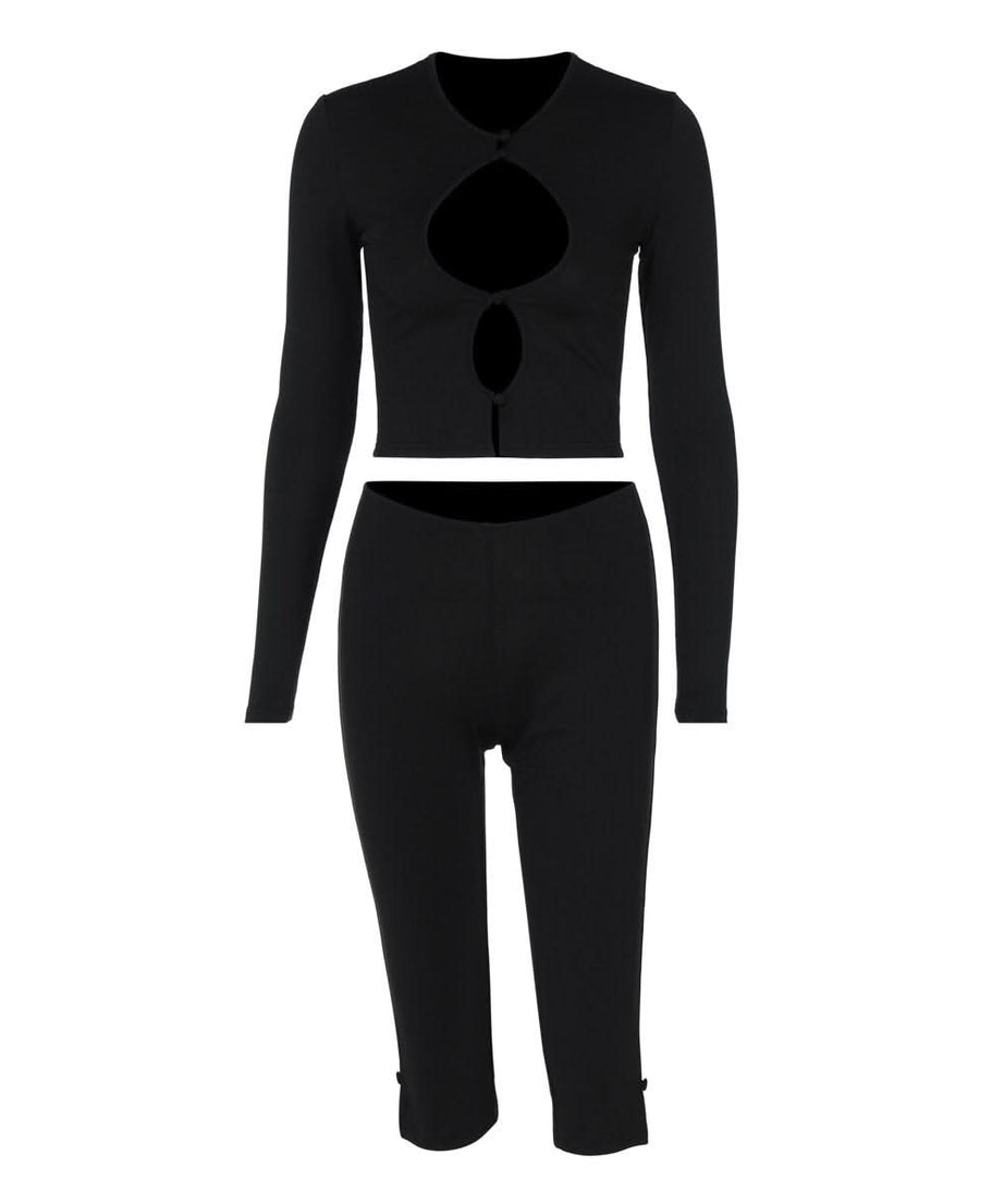 Effortless Fall Style: Black Ribbed Cutout Long Sleeve Crop Top & Capri Set