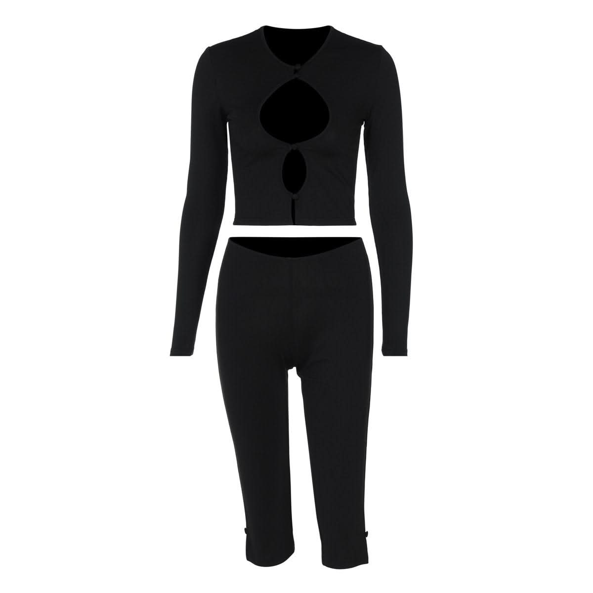 Effortless Fall Style: Black Ribbed Cutout Long Sleeve Crop Top & Capri Set