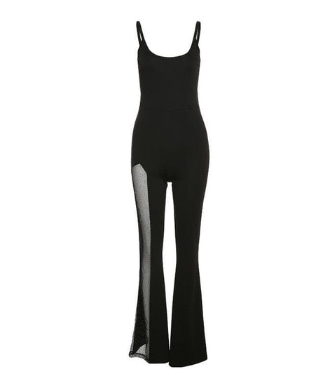 Dare to Dazzle: Black Mesh Slit Flare Jumpsuit - Your Ultimate Fall & Holiday Party Statement