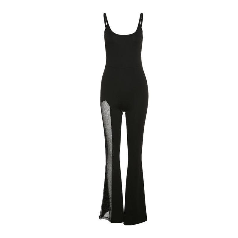 Dare to Dazzle: Black Mesh Slit Flare Jumpsuit - Your Ultimate Fall & Holiday Party Statement