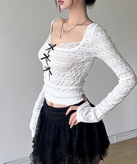 Edgy Fall Textured Crop Top | Square Neck Bow Cut-Out Long Sleeve