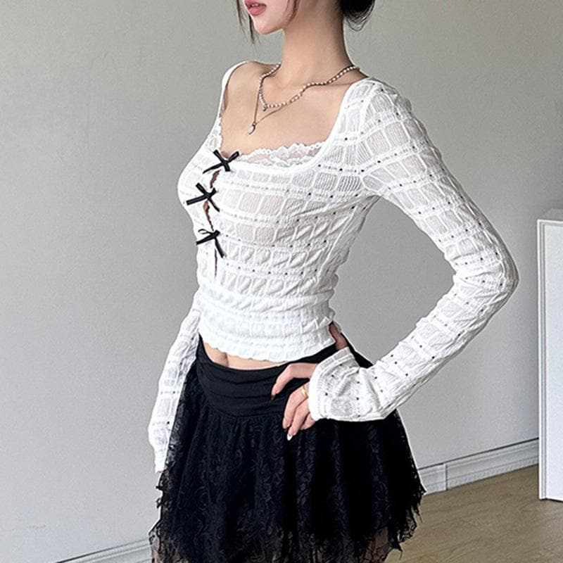 Edgy Fall Textured Crop Top | Square Neck Bow Cut-Out Long Sleeve