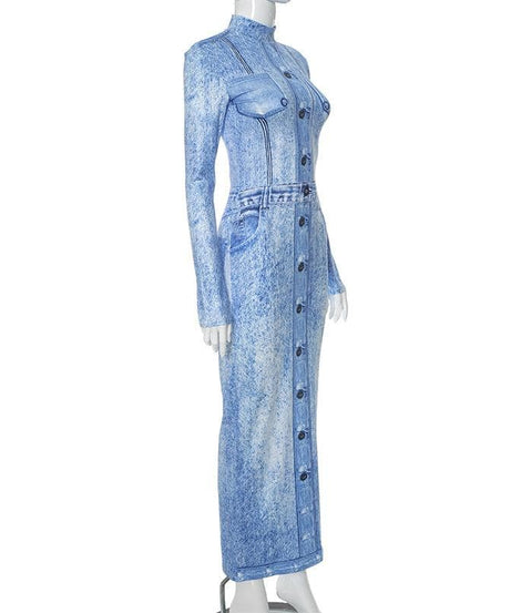 Effortless Fall Chic: Acid Wash Denim Illusion Long Sleeve Maxi Dress