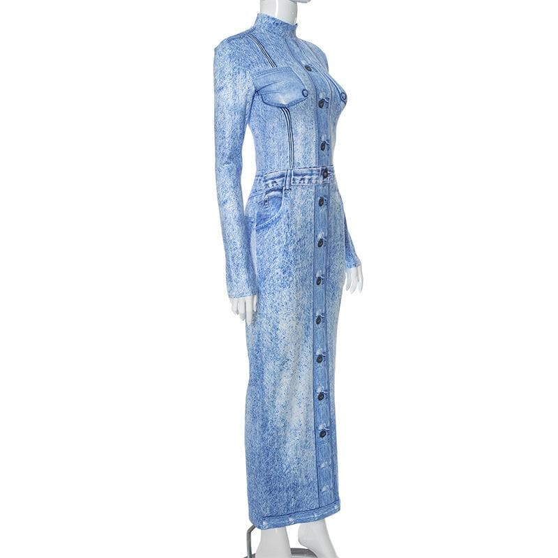 Effortless Fall Chic: Acid Wash Denim Illusion Long Sleeve Maxi Dress