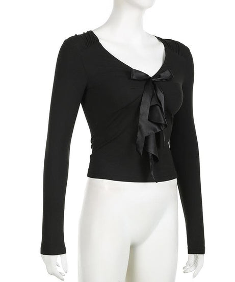 Elevated Fall Chic: Black V-Neck Long Sleeve Top with Satin Ruffle Detail