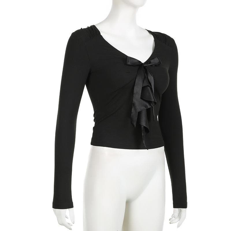 Elevated Fall Chic: Black V-Neck Long Sleeve Top with Satin Ruffle Detail