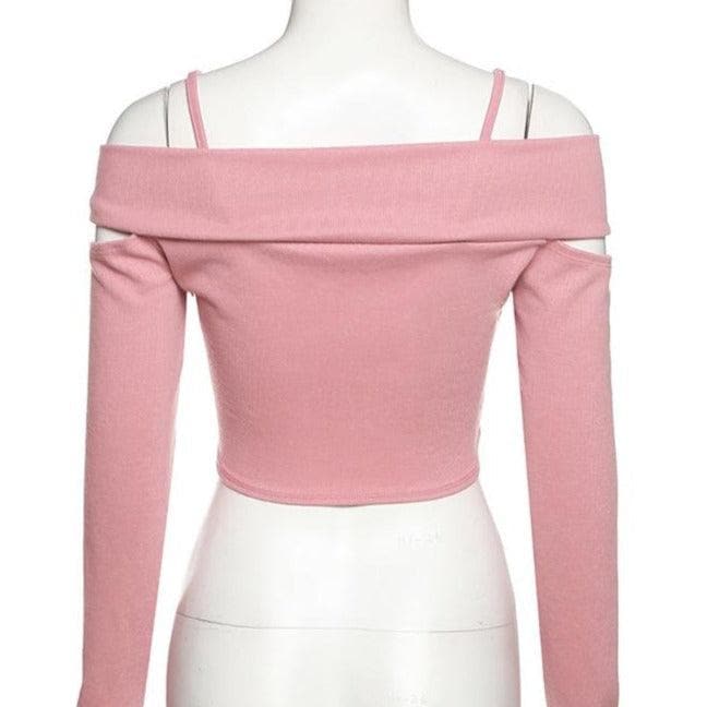 Blush Pink Cold Shoulder Knotted Crop Top - Trendy Long Sleeve & Strappy Fall Fashion for Women