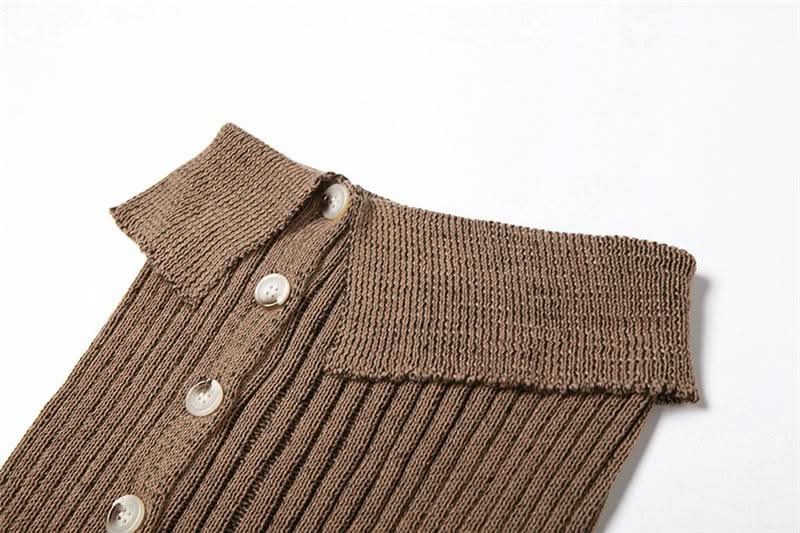 Fall's Must-Have: Chic Chocolate Ribbed Knit Asymmetrical Crop Top & Mini Skirt Set with Arm Warmers