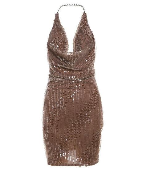 Dazzling Bronze Sequin Halter Cowl Neck Mini Dress - Your Holiday & NYE Party Essential
