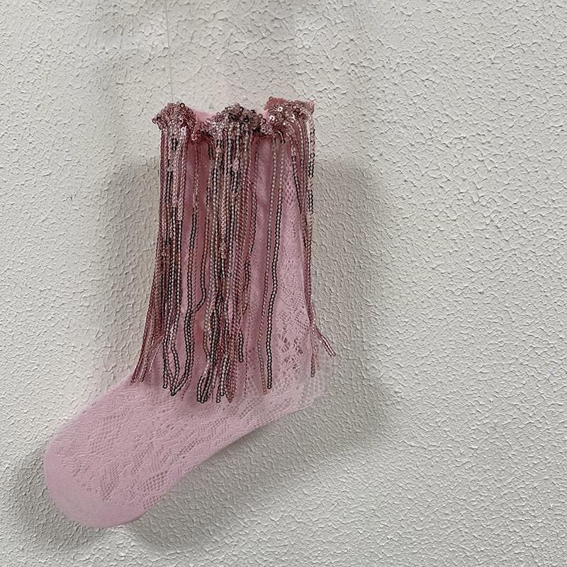 Dazzling Silver Fringe & Lace Ankle Socks – Your Ultimate Holiday Party Statement!