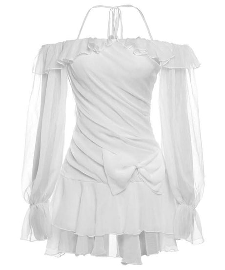 Enchanted Aura White Off-Shoulder Halter Mini Dress | Ruffle Chiffon Bow for Fall Parties & Chic Halloween