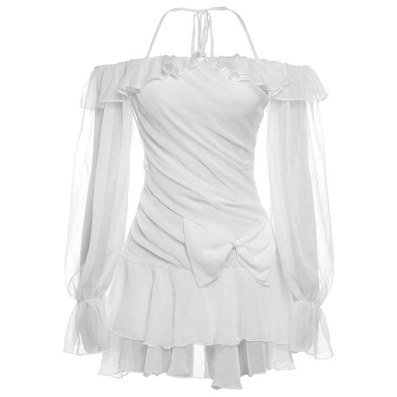 Enchanted Aura White Off-Shoulder Halter Mini Dress | Ruffle Chiffon Bow for Fall Parties & Chic Halloween