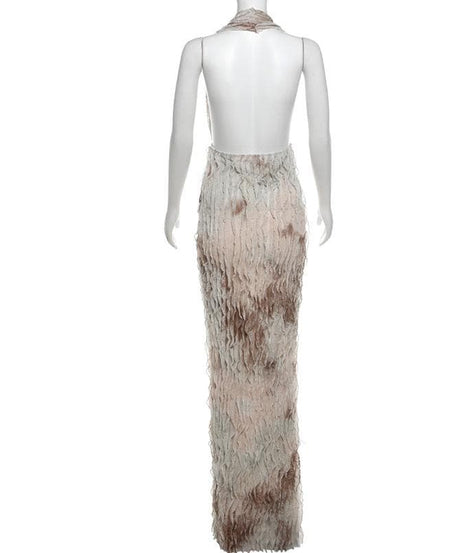 Ethereal Ruffle Halter Plunge Maxi Dress | Backless Resort & Destination Getaway Gown