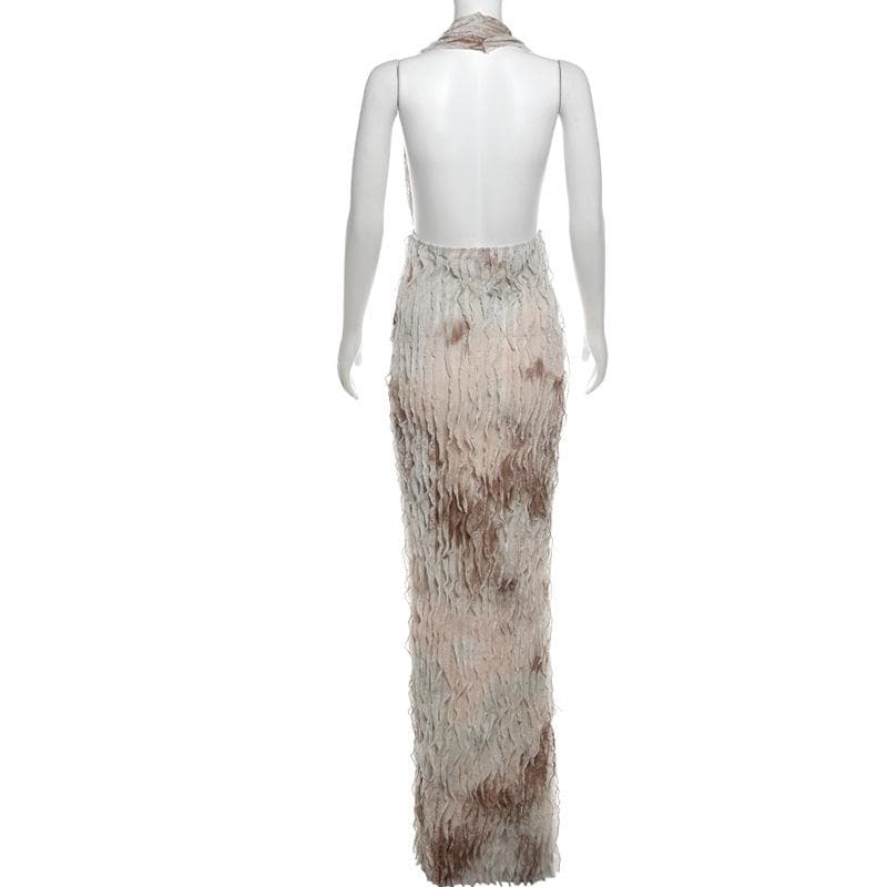 Ethereal Ruffle Halter Plunge Maxi Dress | Backless Resort & Destination Getaway Gown