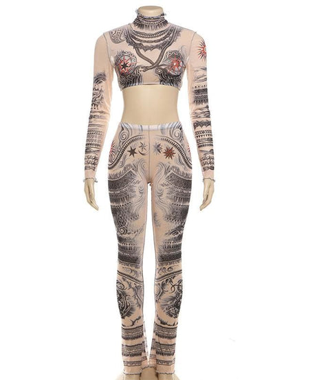 Second Skin Faux Tattoo Mesh Set | Crop Top & Flare Pants | Edgy Fall & Halloween Style