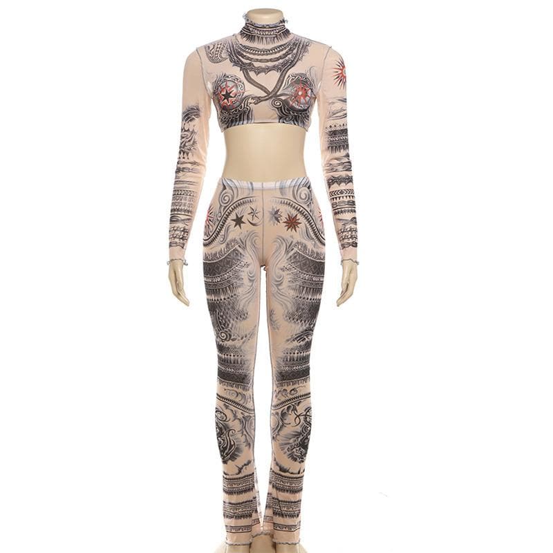 Second Skin Faux Tattoo Mesh Set | Crop Top & Flare Pants | Edgy Fall & Halloween Style